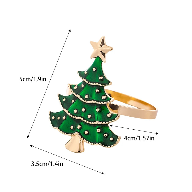 Green Christmas tree-shaped ring with gold accents and measurements on a white background