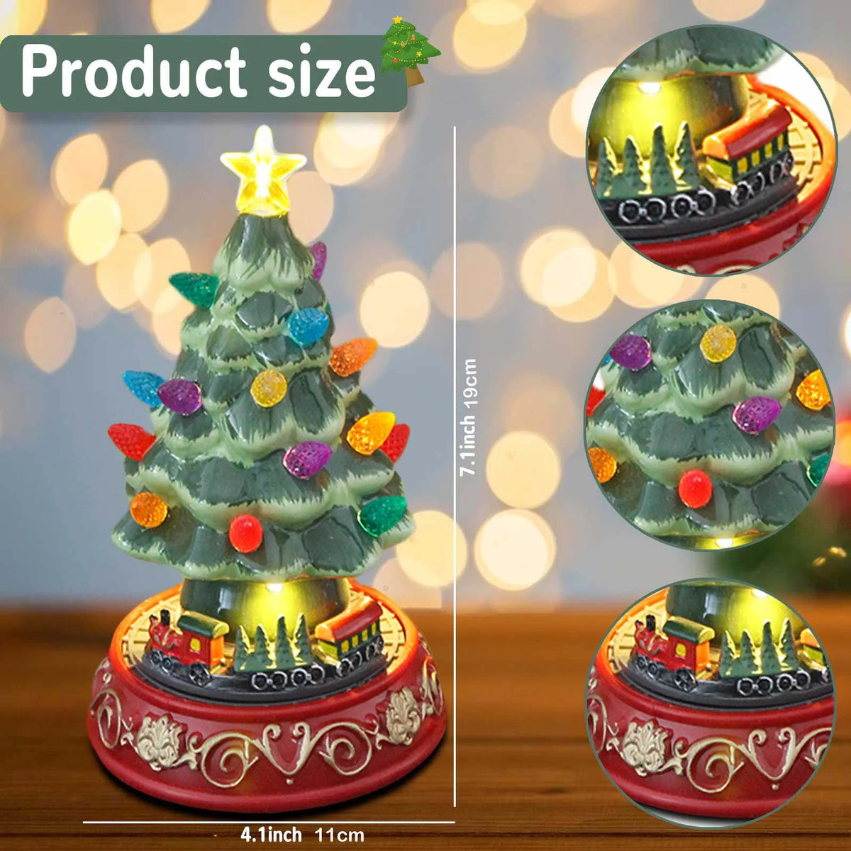 Ceramic Musical Light up Christmas Tree with moving train. Dimensions