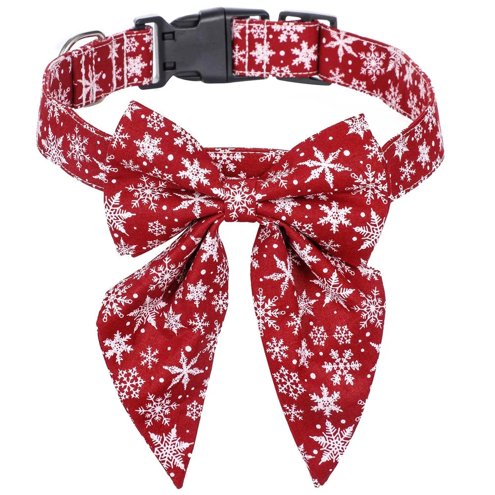Christmas White and Red Snowflake Dog red Collar bow tie