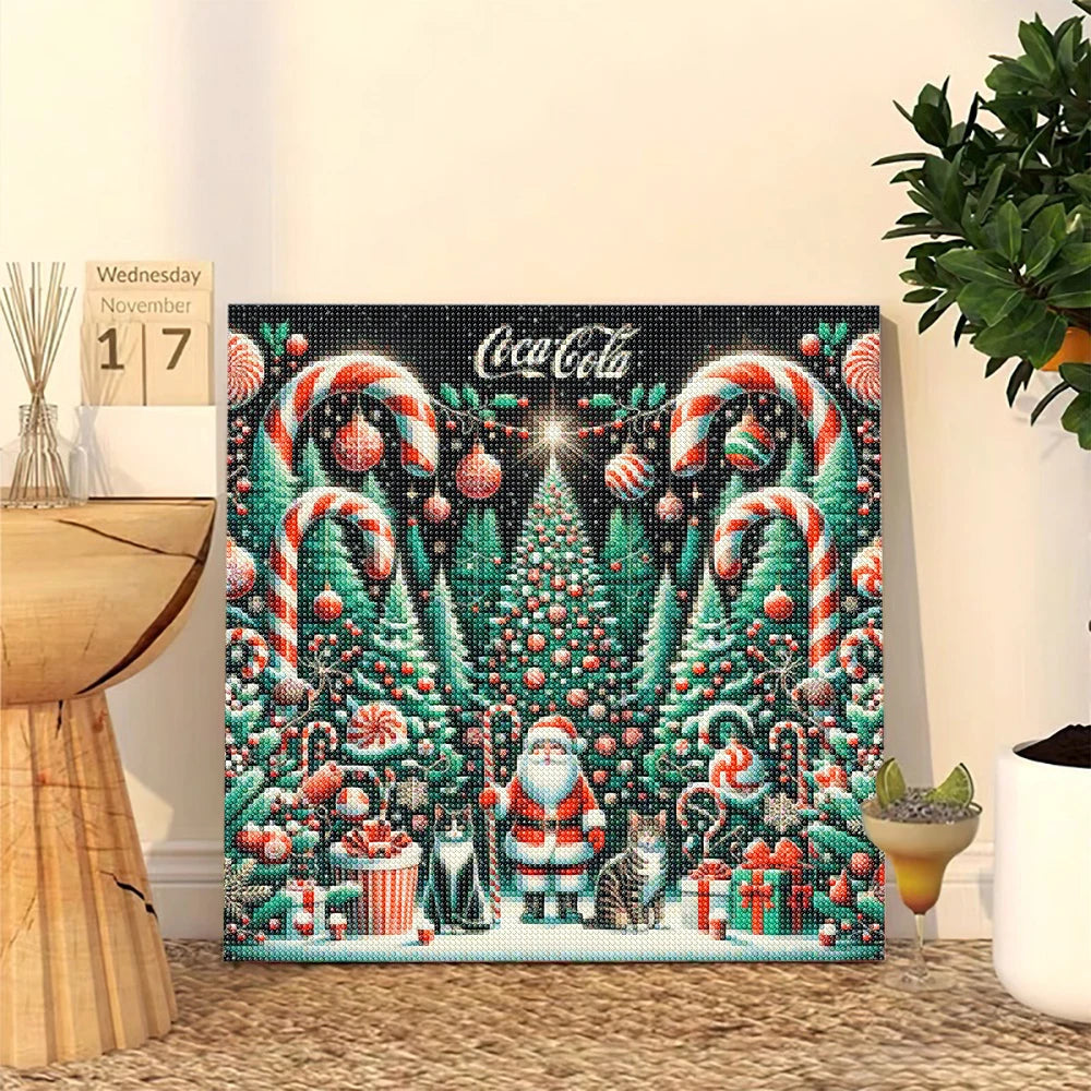Decorative Christmas-themed diamond wall art with Santa Claus and candy canes on a table.