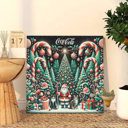Decorative Christmas-themed diamond wall art with Santa Claus and candy canes on a table.