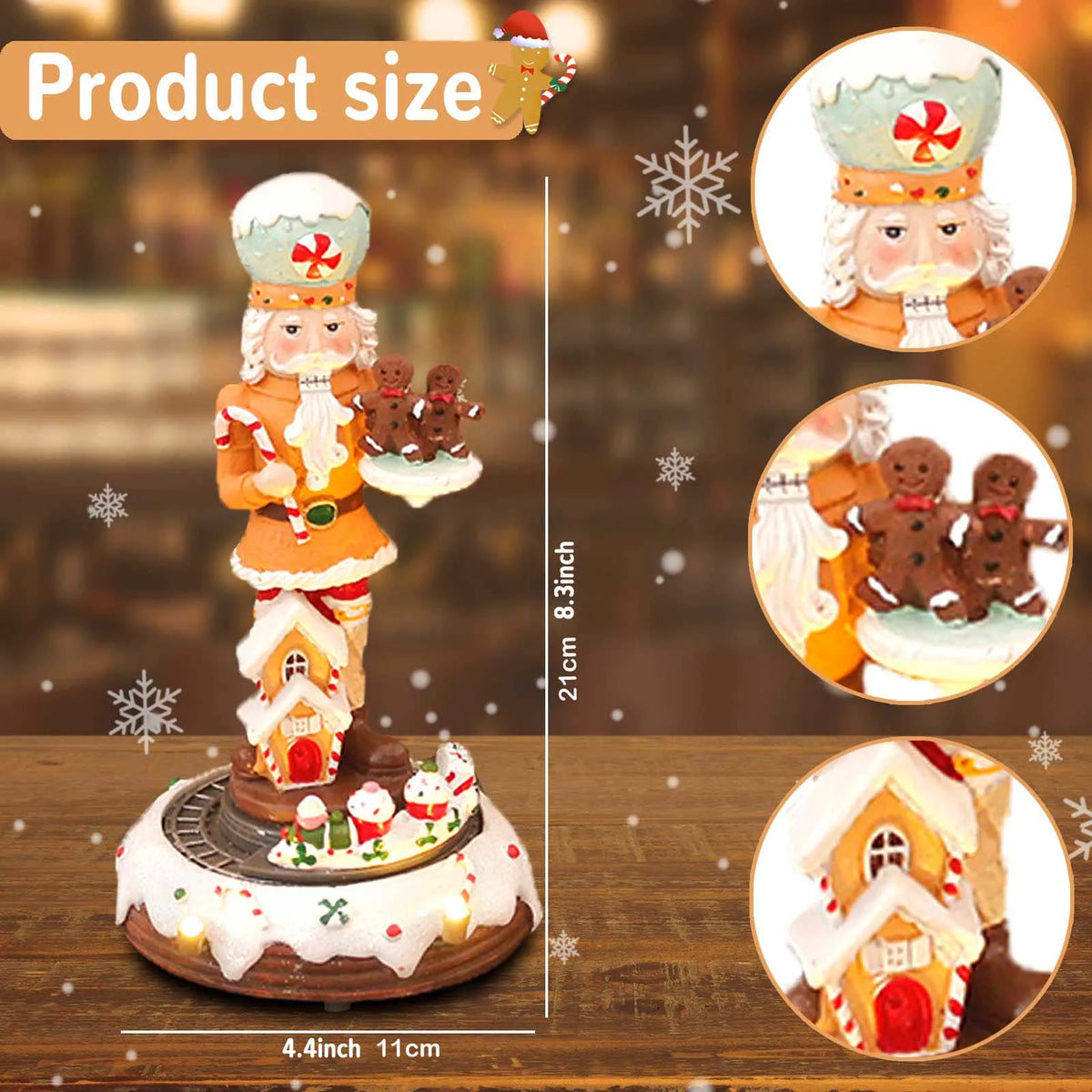 Decorative Christmas figure with gingerbread men and a house, showing product size on a wooden surface.