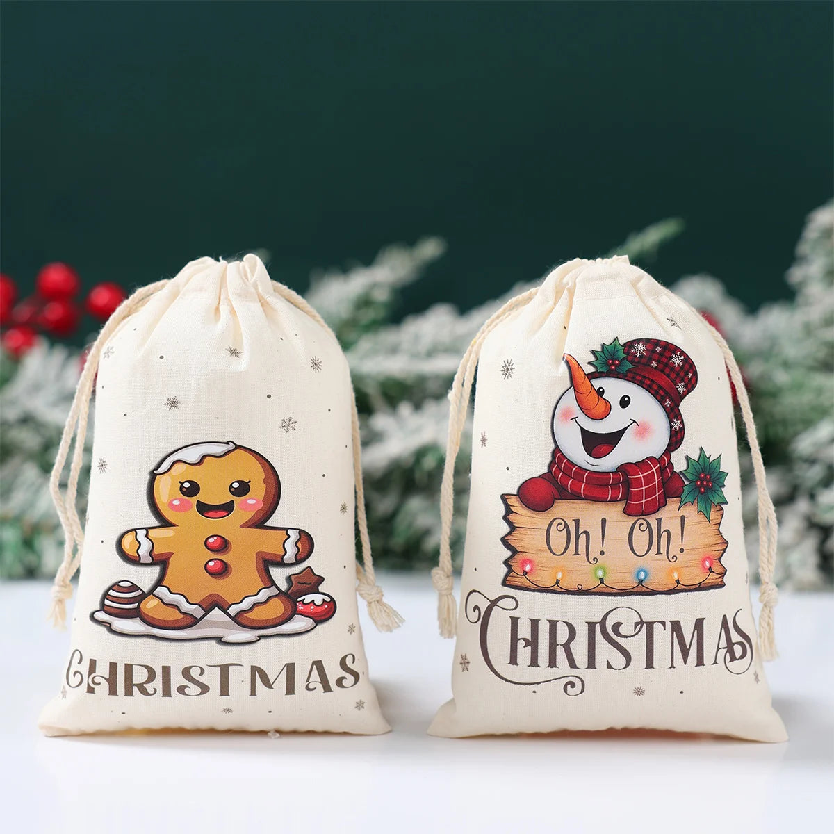 Two Christmas-themed drawstring bags with festive designs on a snowy background.