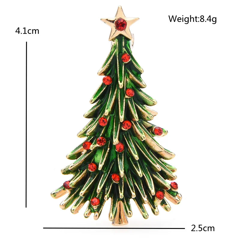 Christmas tree-shaped brooch with red rhinestones and a gold star on top, shown with measurements and weight.