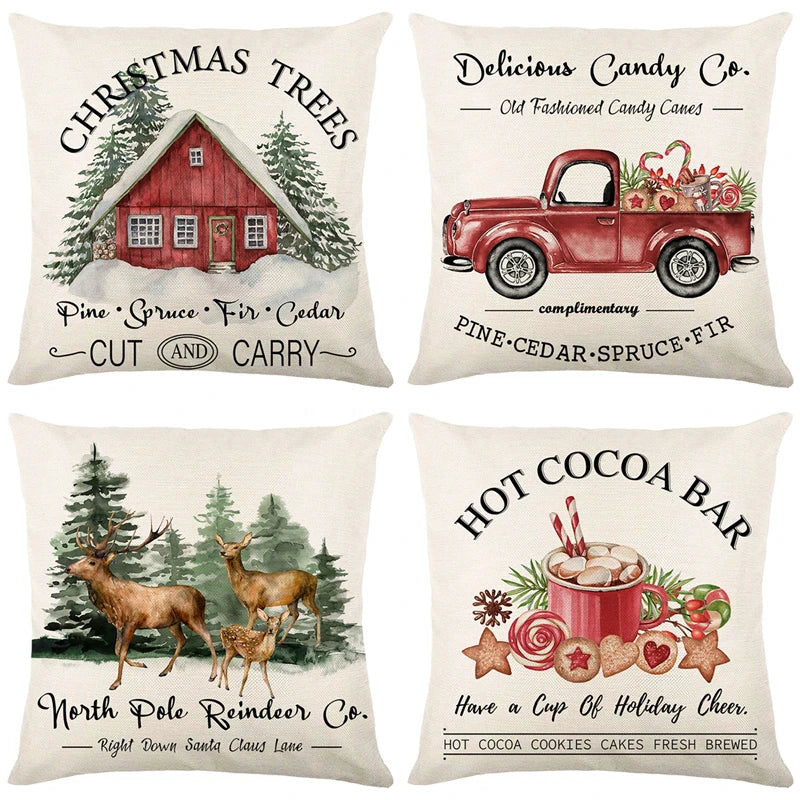 Christmas trees, reindeer, hot cocoa. red truck Christmas Pillows