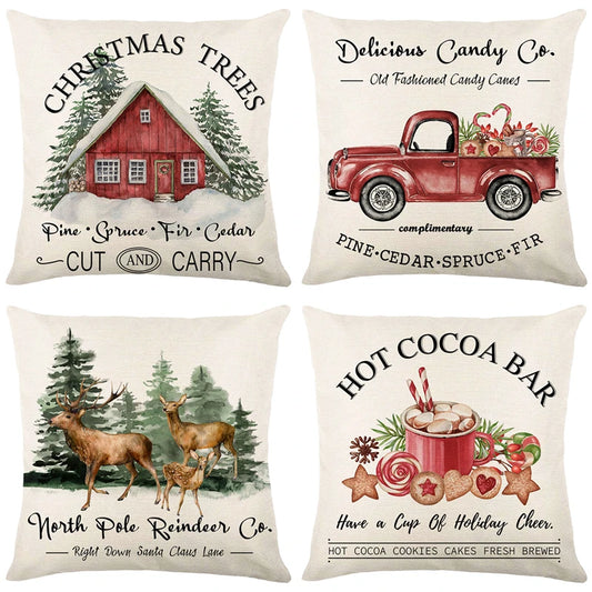 Christmas trees, reindeer, hot cocoa. red truck Christmas Pillows