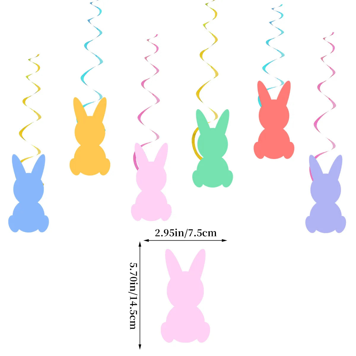 Colorful bunny-shaped hanging decorations with measurements on a white background