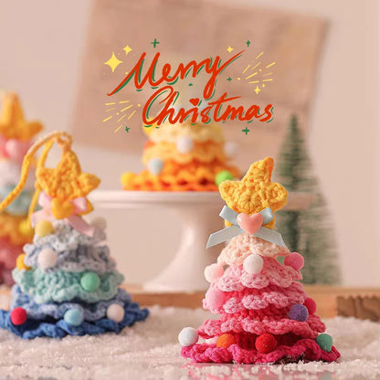 Colorful crocheted Christmas tree ornaments with 'Merry Christmas' text in the background.
