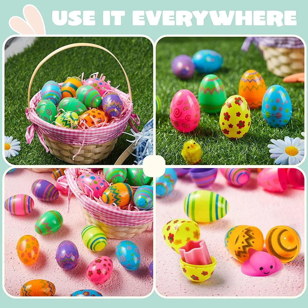 Colorful Easter eggs in a basket and on grass with text 'USE IT EVERYWHERE'.