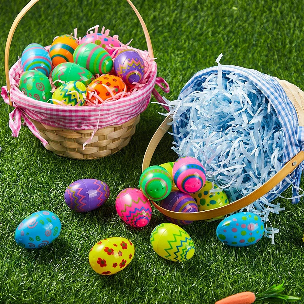 Colorful Easter eggs in a basket on grass