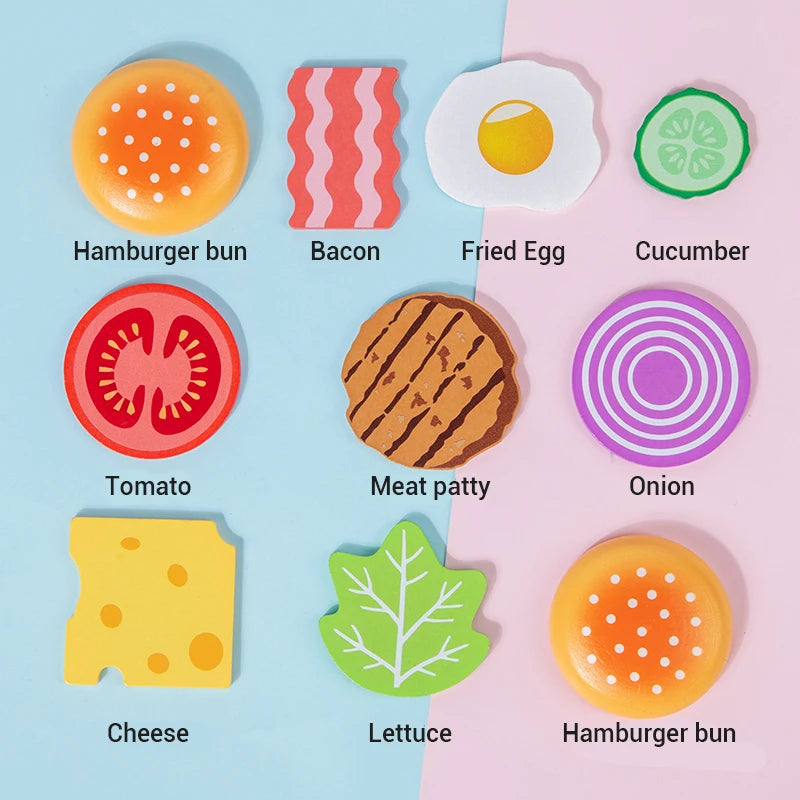 Colorful toy hamburger pieces with labels on a pink and blue background