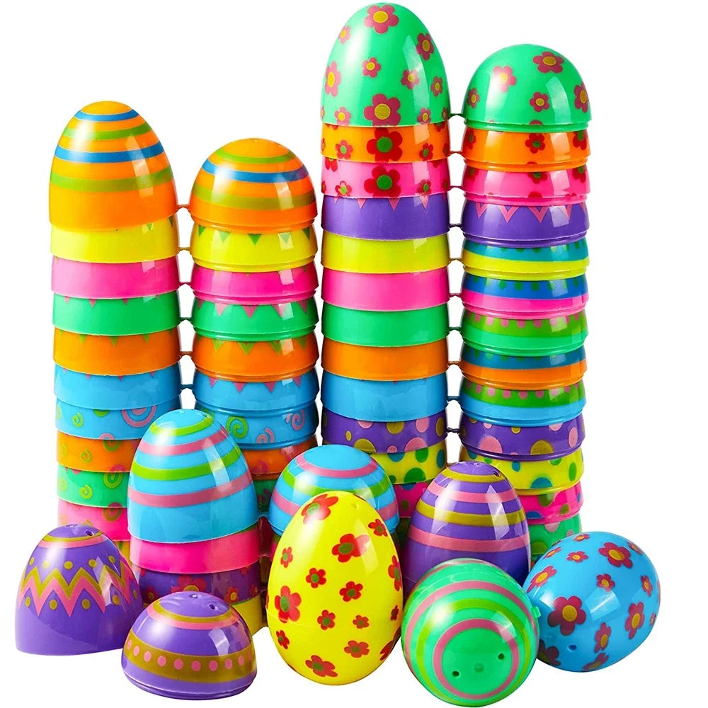 Colorful stackable eggs with various patterns on a white background