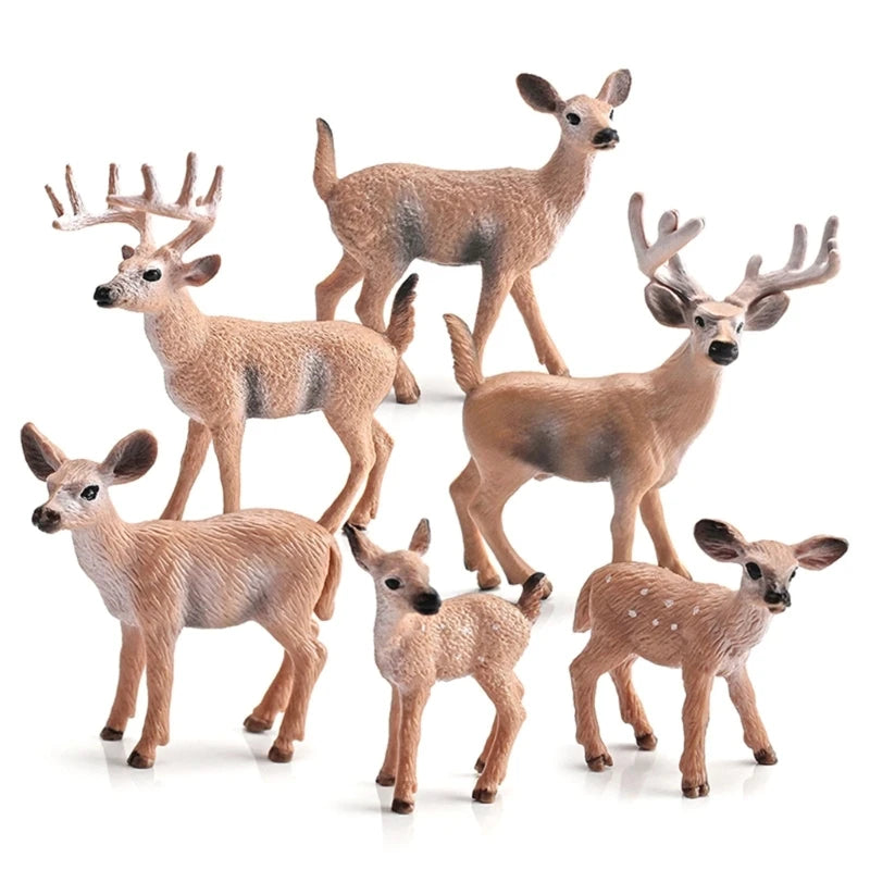 A set of seven realistic plastic deer figurines, including two adult bucks with large antlers, two fawns, and three doe statues, displayed on a clean white background.