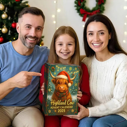 Family holding a Highland Cow Advent Calendar in front of a Christmas tree and wreath.