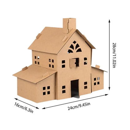Cardboard house model with dimensions indicated on a white background DIY Craft