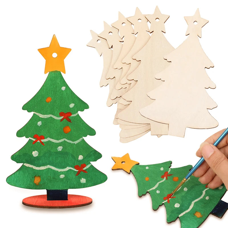 Wooden Christmas tree shapes with decorative elements and a hand painting one of them.