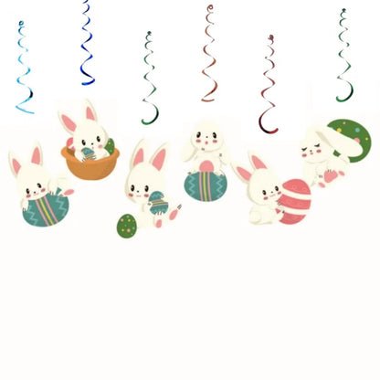 Decorative hanging swirls with cartoon bunnies and Easter eggs on a white background