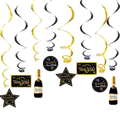 Decorative swirls with 'Happy New Year' text and champagne bottle graphics on a white background