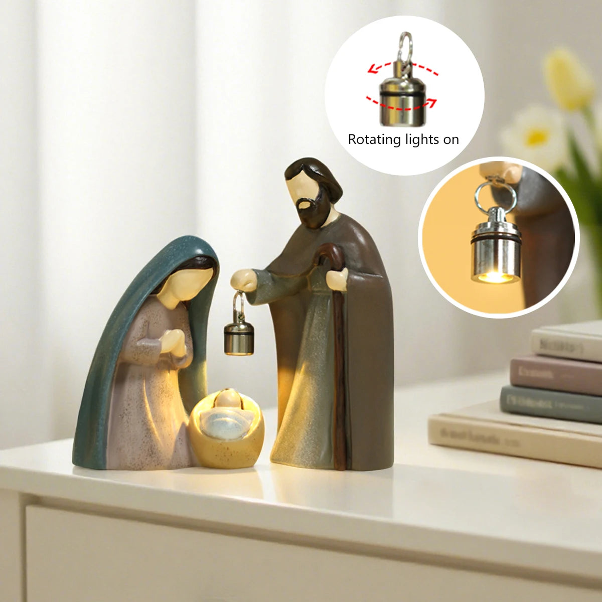 Decorative nativity scene with a rotating light feature on a shelf.