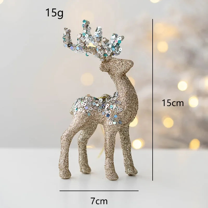 Decorative gold reindeer figure with sequins and measurements on a light background