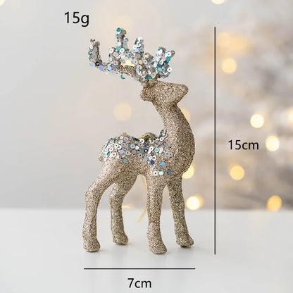 Decorative gold reindeer figure with sequins and measurements on a light background