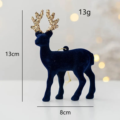 Navy blue deer ornament with gold antlers on a light gray background