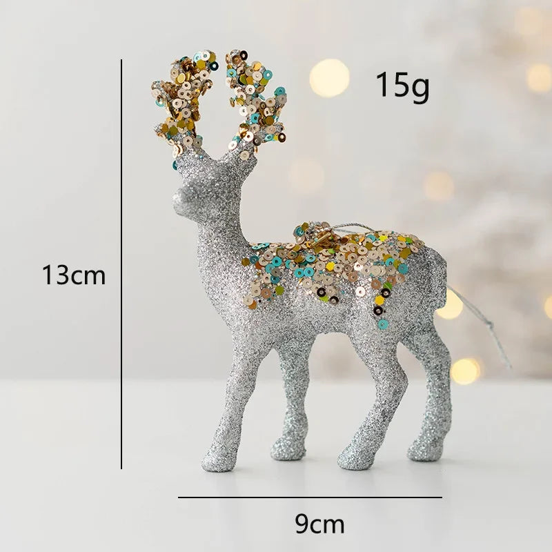 Decorative reindeer figure with sequin antlers and measurements on a light background