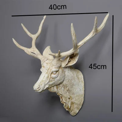 Decorative deer head mount  antique white with measurements on a gray background