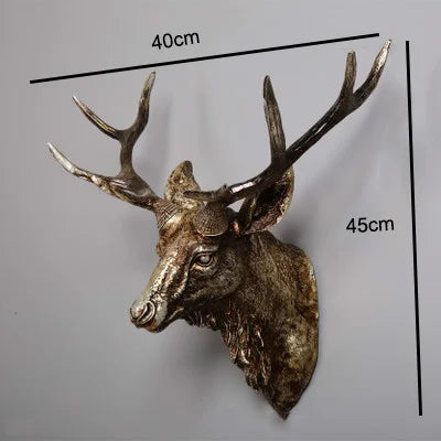 Decorative deer head sculpture with measurements on a plain background