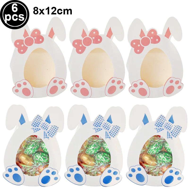 Six bunny-shaped treat holders with eggs inside, each 8x12cm, on a white background.