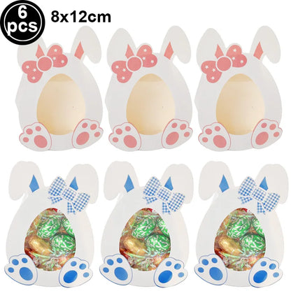 Six bunny-shaped treat holders with eggs inside, each 8x12cm, on a white background.