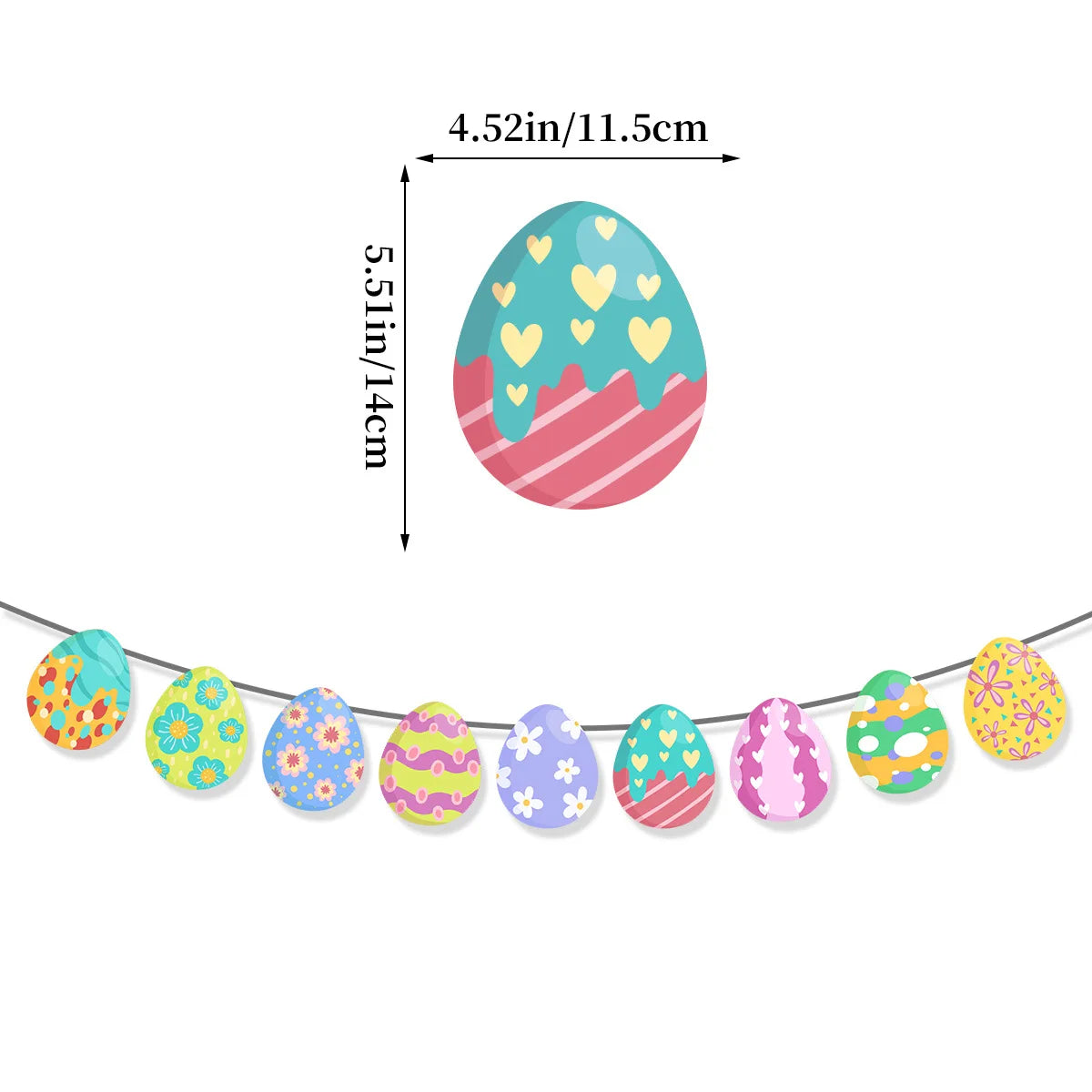 Colorful Easter egg banner with measurements on a white background