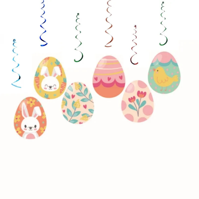 Colorful Easter egg-shaped hanging decorations with bunny, chick, and floral designs on a white background.