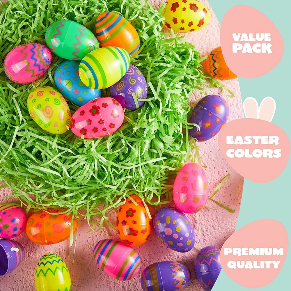 Colorful Easter eggs on green grass with promotional text on a pink and blue background