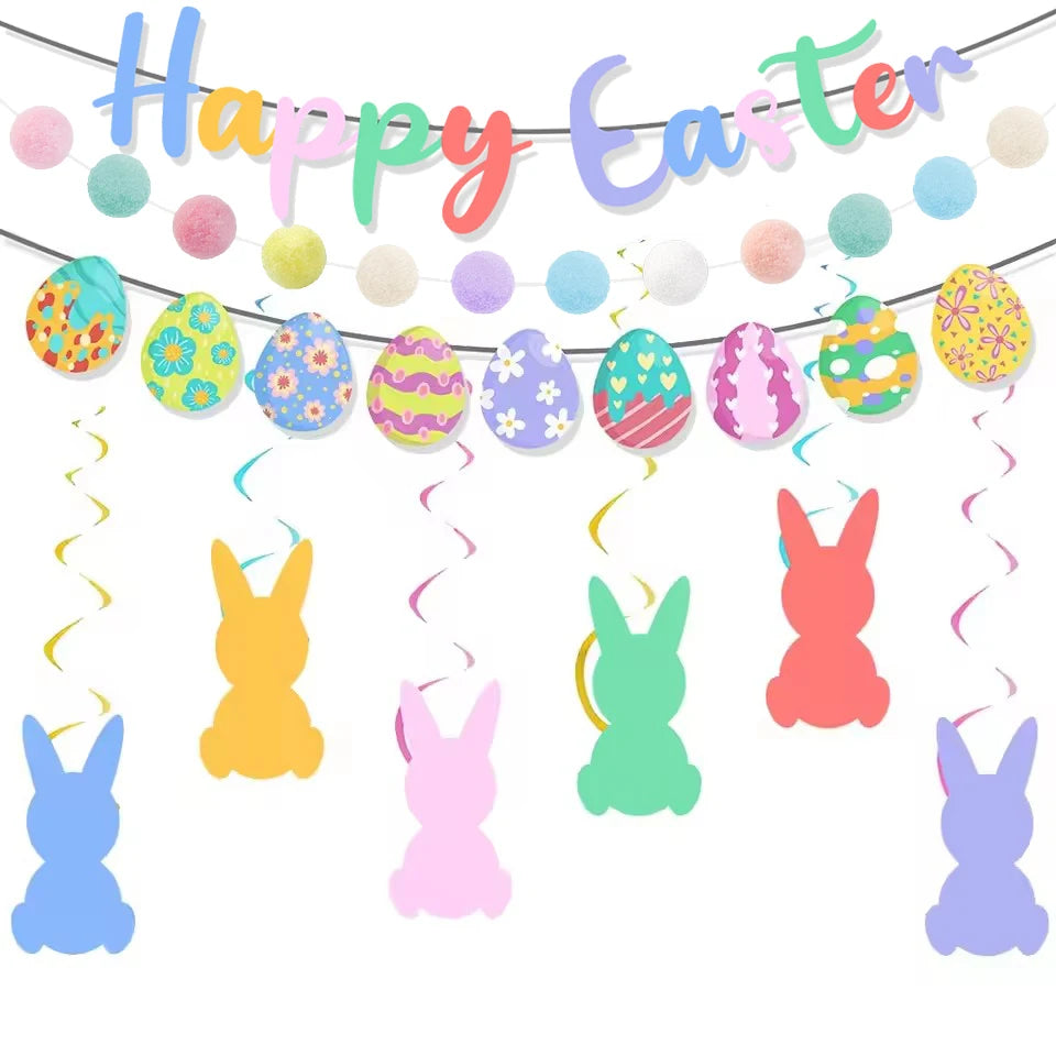 Easter-themed decorations including a 'Happy Easter' banner, colorful eggs, and bunny shapes on a white background.