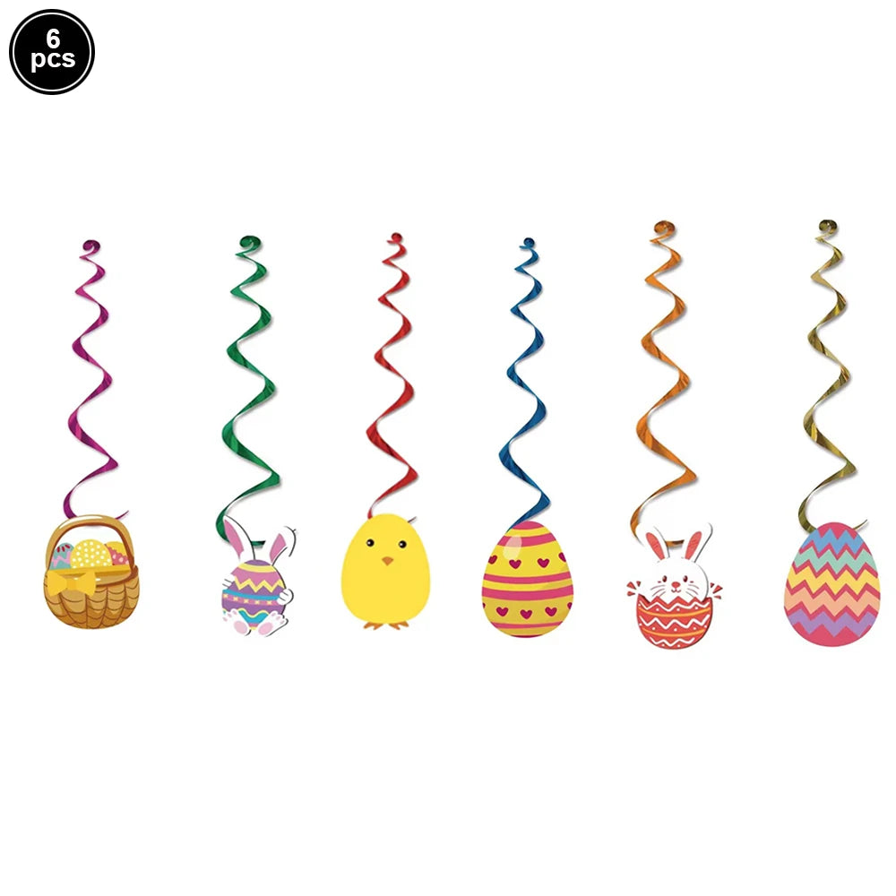 Set of six colorful Easter-themed hanging decorations on a white background