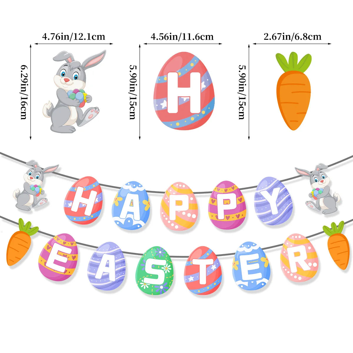 Easter-themed banner with cartoon characters and measurements on a white background
