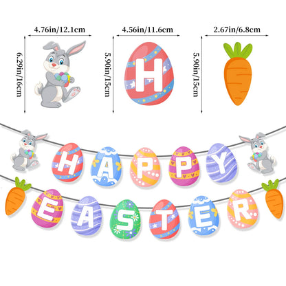 Easter-themed banner with cartoon characters and measurements on a white background