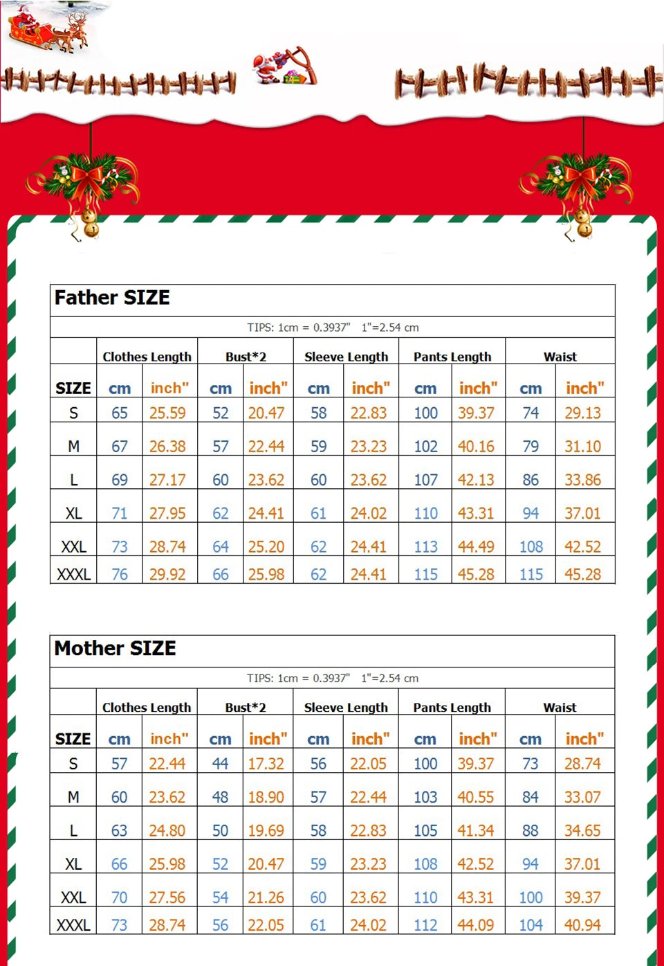 Father mother Christmas  Pjs size chart