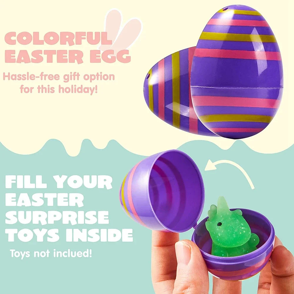 Colorful striped Easter egg with a small toy inside, on a light green background.