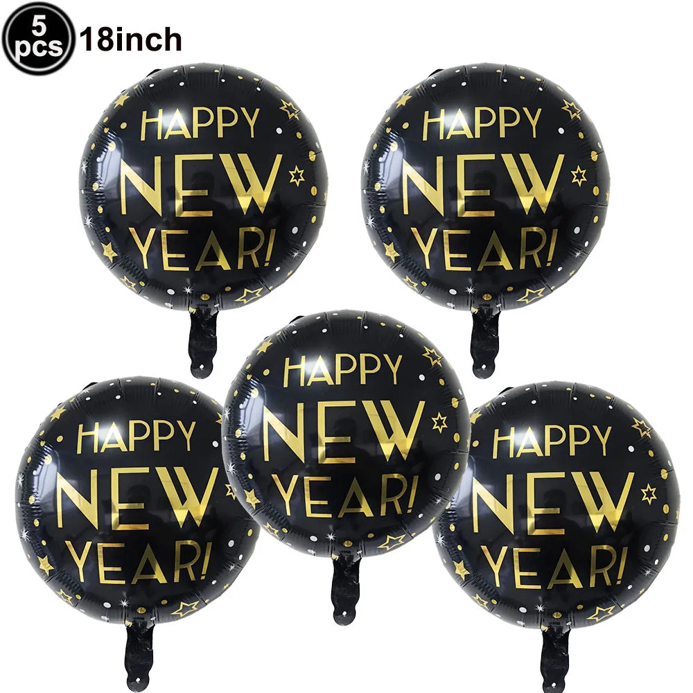 Five black 'Happy New Year!' balloons with gold text on a white background.