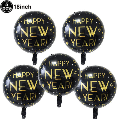 Five black 'Happy New Year!' balloons with gold text on a white background.