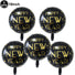 Five black 'Happy New Year!' balloons with gold text on a white background.