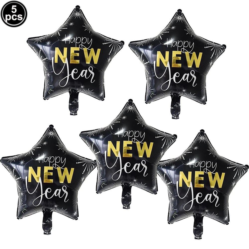 Five black star-shaped 'Happy New Year' balloons on a white background