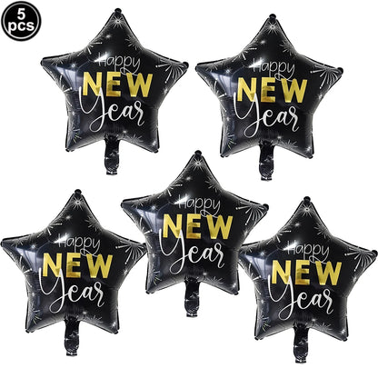 Five black star-shaped 'Happy New Year' balloons on a white background