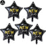 Five black star-shaped 'Happy New Year' balloons on a white background