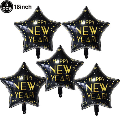 Five black star-shaped New Year's balloons with gold text on a white background.