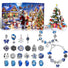 Collection of Christmas-themed jewelry including a bracelet and various charms on a snowy village background.