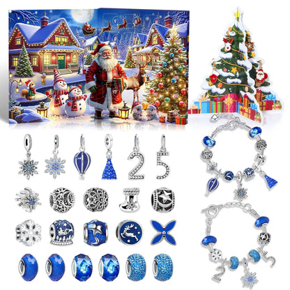Christmas-themed advent calendar with Santa Claus, snowman, and Christmas tree, surrounded by Christmas jewelry including charms and a bracelet.
