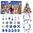 Christmas-themed advent calendar with Santa Claus, snowman, and Christmas tree, surrounded by Christmas jewelry including charms and a bracelet.
